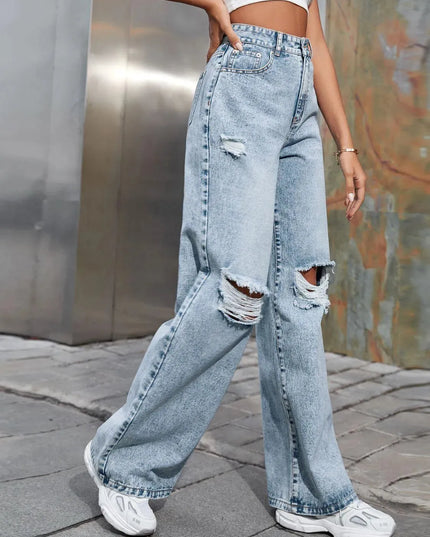 Distressed Wide Leg Jeans with Pockets - ShopEasier