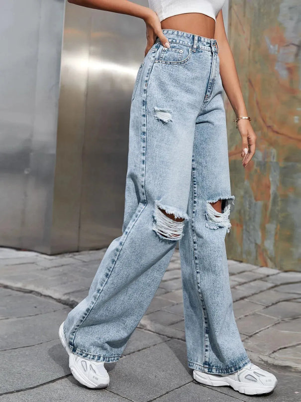 Distressed Wide Leg Jeans with Pockets - ShopEasier