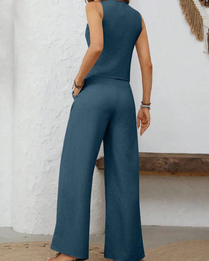 V-Neck Button Down Vest and Wide Leg Pants Set