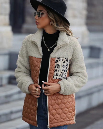 Leopard Print Color Block Zip-Up Hooded Jacket