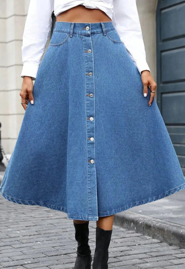 Buttoned Midi Denim Skirt with Pockets - ShopEasier