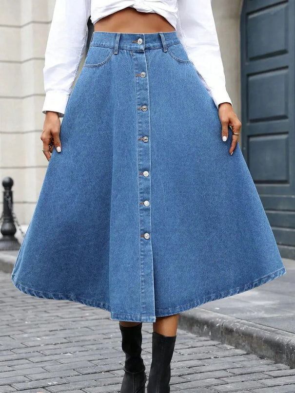 Buttoned Midi Denim Skirt with Pockets - ShopEasier