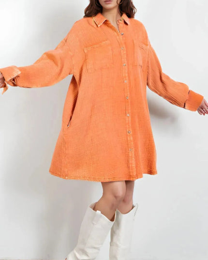 Pocketed Button Up Long Sleeve Shirt Dress