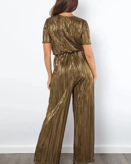 Be Stage Surplice Short Sleeve Pleated Foil Jumpsuit - ShopEasier