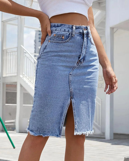 Raw Hem Slit Denim Skirt - ShopEasier