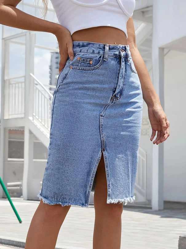 Raw Hem Slit Denim Skirt - ShopEasier