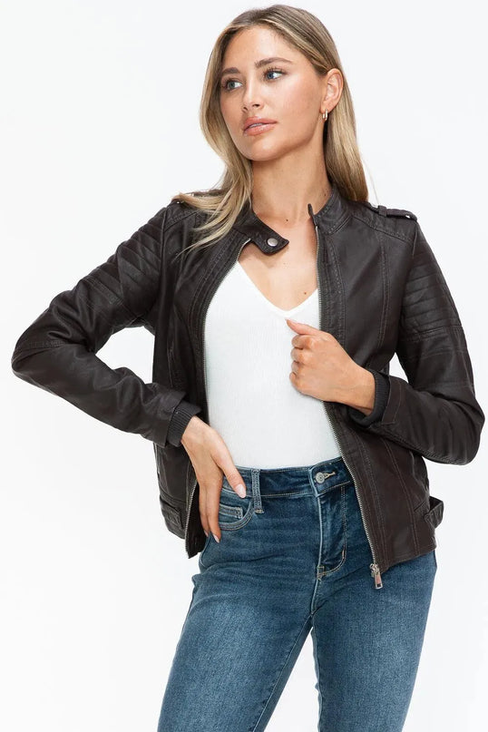 Snobbish PU Leather Biker Jacket with Side Zip Pockets - ShopEasier