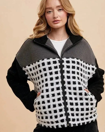 Plaid Sherpa Zip-Up Jacket with Drop Shoulders