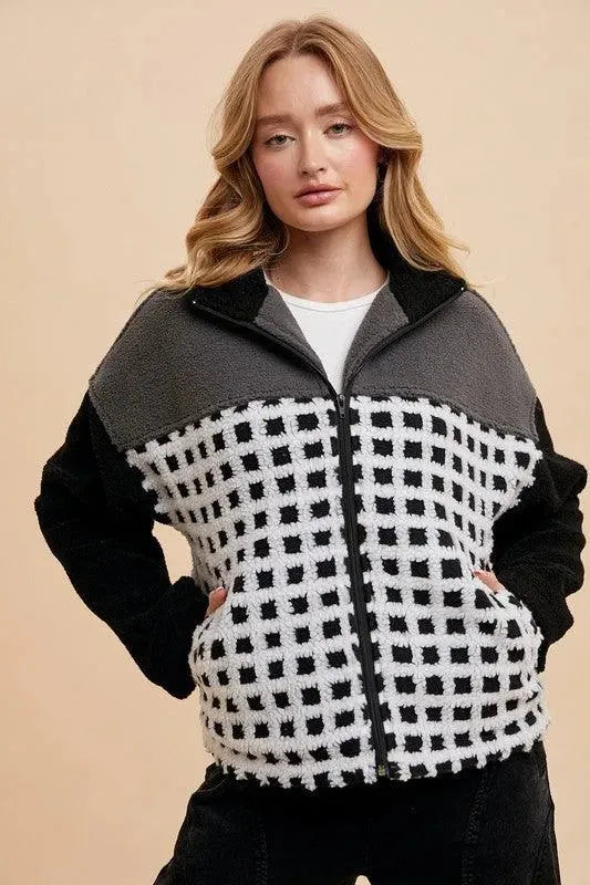 Plaid Sherpa Zip-Up Jacket with Drop Shoulders