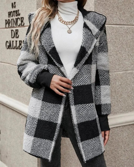 Plaid Long Sleeve Hooded Coat - ShopEasier