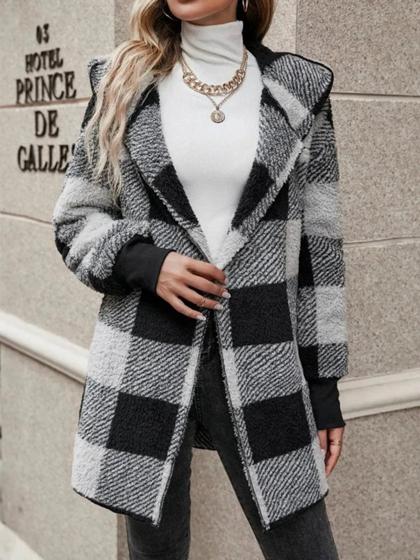 Plaid Long Sleeve Hooded Coat - ShopEasier