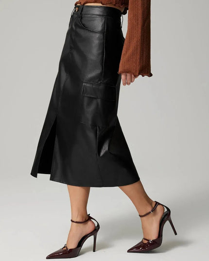 Button-Down Pocketed Slit Midi Skirt