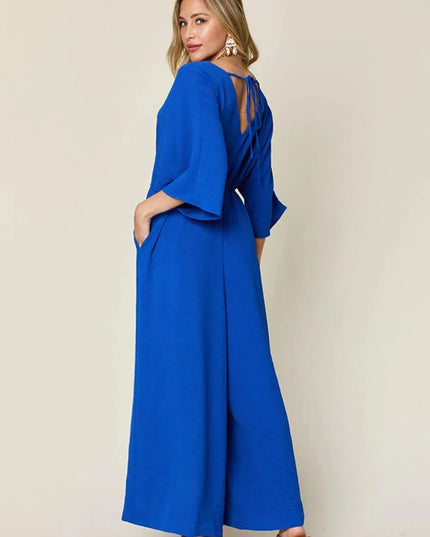 Double Take Full Size Surplice Wide Leg Jumpsuit with Pockets - ShopEasier