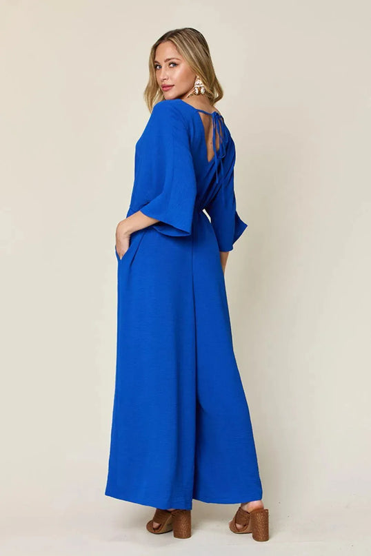 Double Take Full Size Surplice Wide Leg Jumpsuit with Pockets - ShopEasier