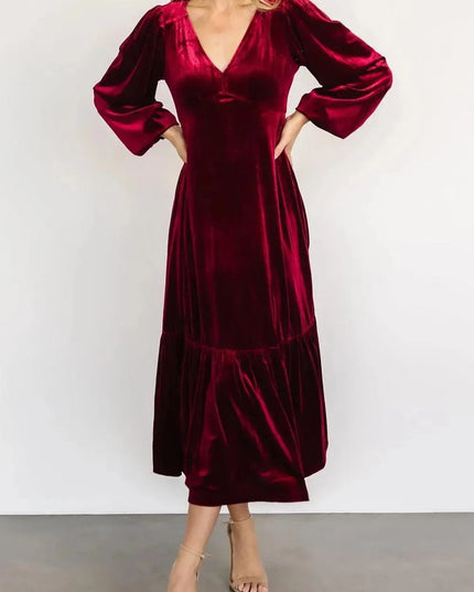 V-Neck Long Sleeve Midi Velvet Dress