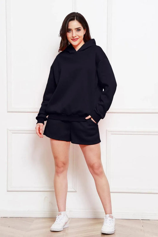 Casual Drop Shoulder Hoodie and Shorts Ensemble