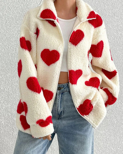 Heart Zip Up Drop Shoulder Furry Jacket - ShopEasier