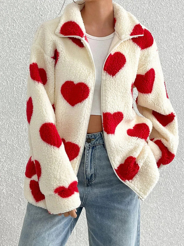 Heart Zip Up Drop Shoulder Furry Jacket - ShopEasier