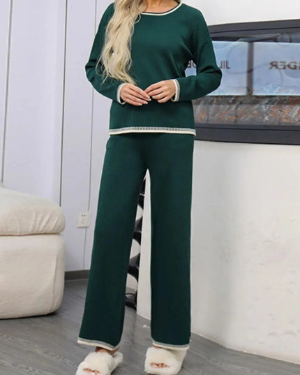 Two-Piece Round Neck Sweater Set with Contrast Trim