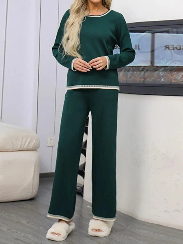 Two-Piece Round Neck Sweater Set with Contrast Trim