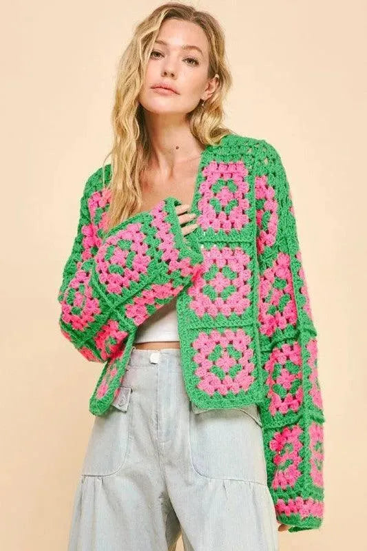 Davi & Dani Full Size Two Tone Flower Square Crochet Open Front Cardigan - ShopEasier