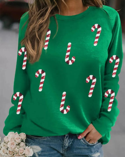 Candy Cane Round Neck Long Sleeve Sweatshirt - ShopEasier