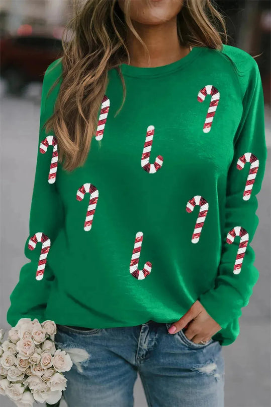 Candy Cane Round Neck Long Sleeve Sweatshirt - ShopEasier