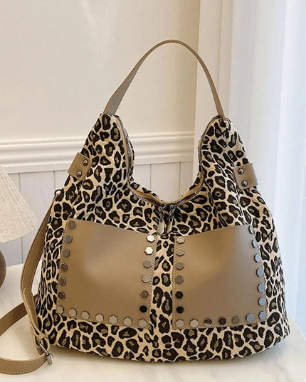 Leopard Polyester Shoulder Bag with Zippers