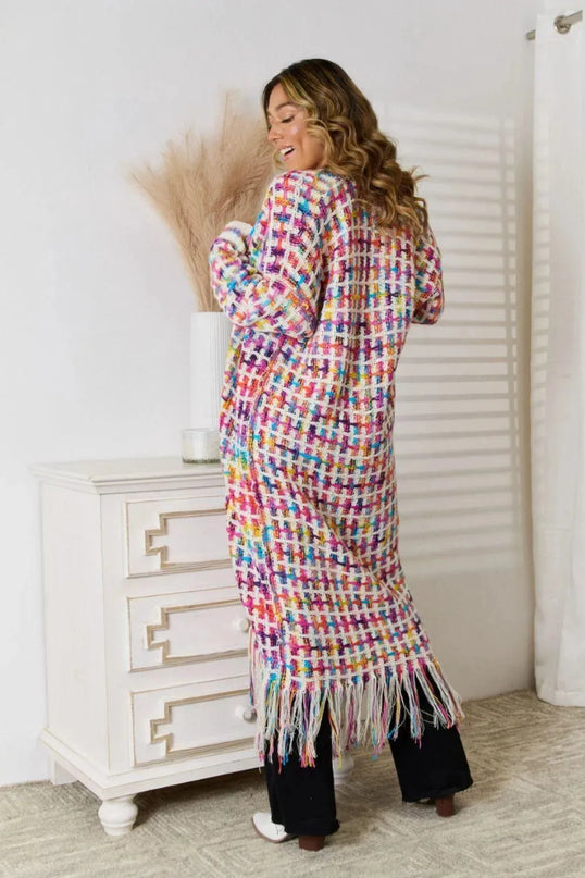 Angel Wings Full Size Multicolored Open Front Fringe Hem Cardigan - ShopEasier