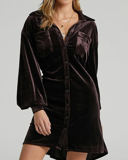 Collared Neck Button Down Long Sleeve Mini Dress