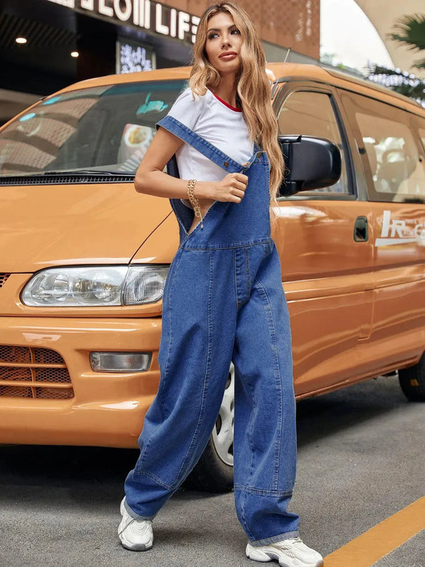 Wide Strap Wide Leg Denim Overalls - ShopEasier