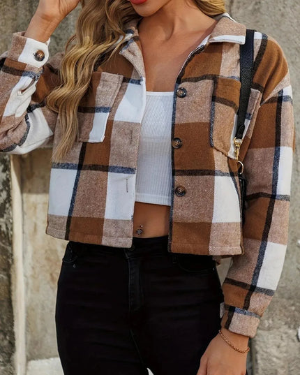 Plaid Cropped Jacket with Collared Neckline