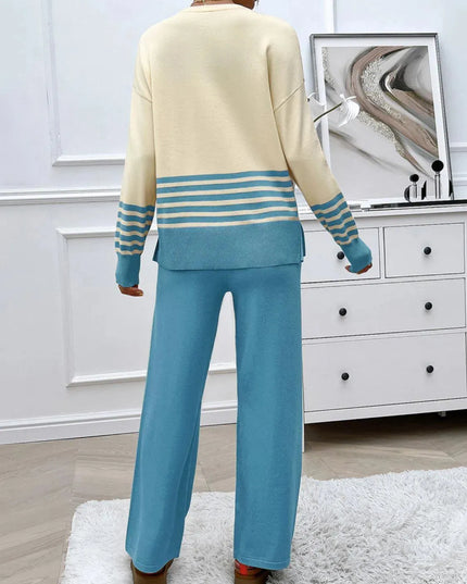 Chic Slit Striped Knit Top and Bottom Ensemble