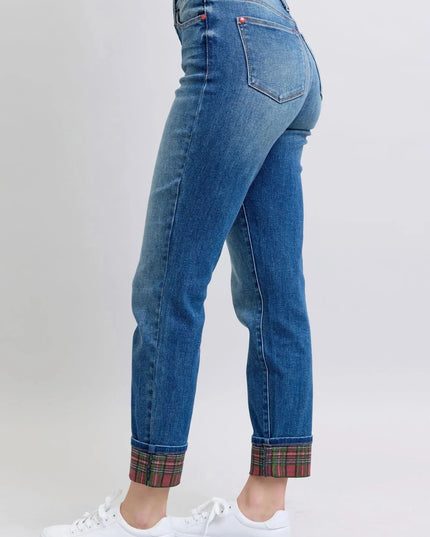 Judy Blue Full Size Plaid Print Cuff Straight Leg Jeans with Pockets - ShopEasier