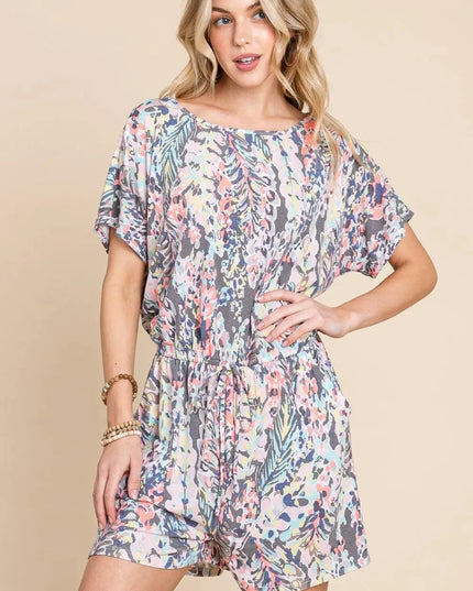 BOMBOM Printed Short Sleeve Drawstring Romper - ShopEasier