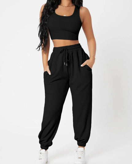 Wide Strap Top and Drawstring Joggers Set - ShopEasier