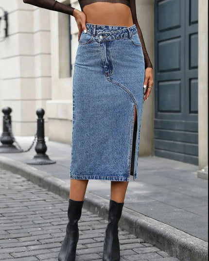 Slit Asymmetrical Waistband Midi Denim Skirt - ShopEasier