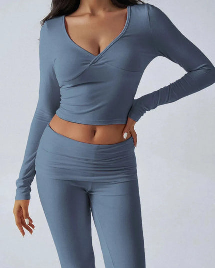 Chic Ruched Long Sleeve Top and Pants Ensemble