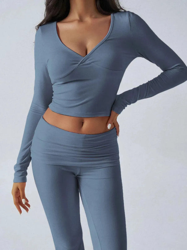 Chic Ruched Long Sleeve Top and Pants Ensemble