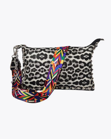 Bolso de hombro elegante de piel sintética con estampado de leopardo y cuadros escoceses con tachuelas