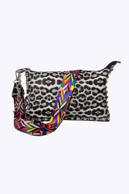 Bolso de hombro elegante de piel sintética con estampado de leopardo y cuadros escoceses con tachuelas