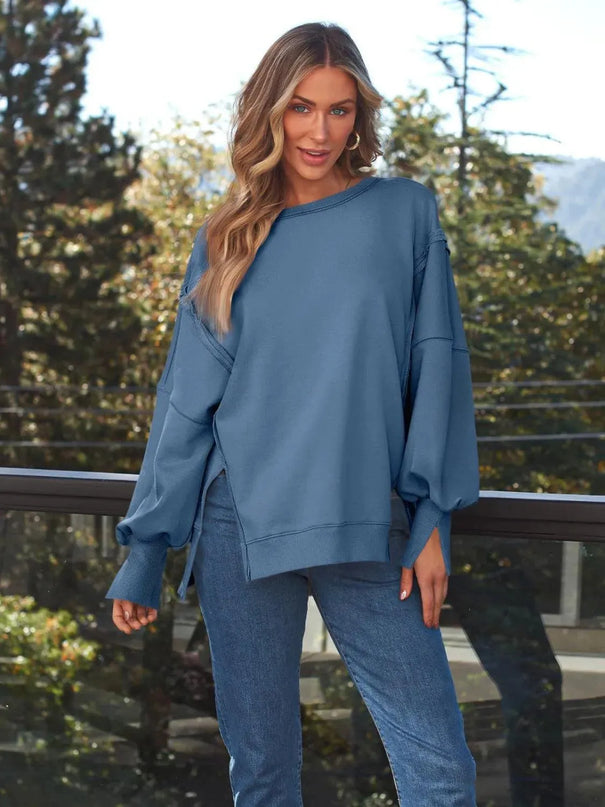 Slit Round Neck Long Sleeve Sweatshirt - ShopEasier