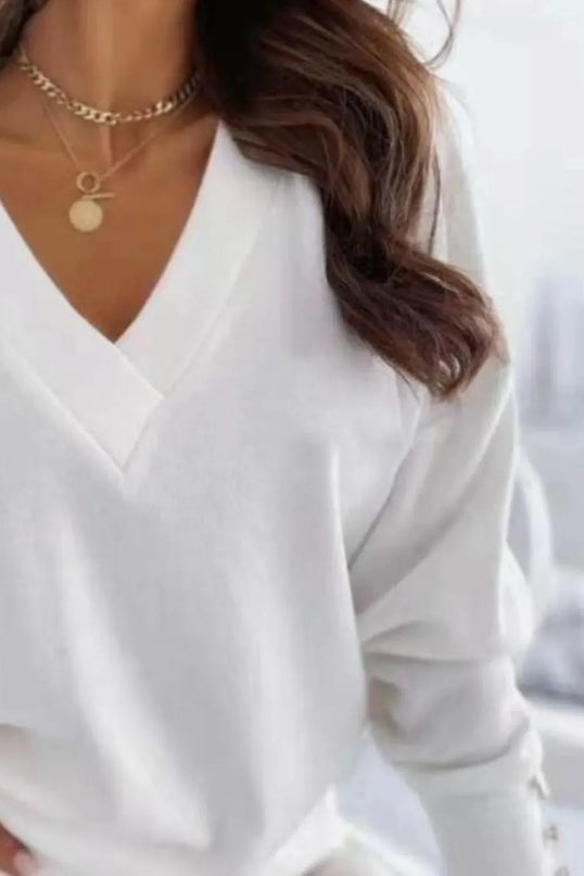 V-Neck Button-Detail Long Sleeve Pullover