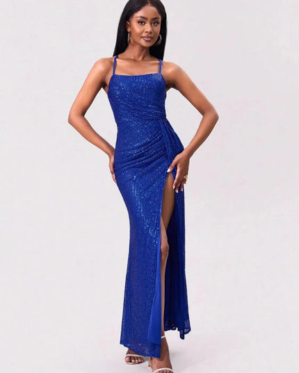 Slit Sequin Square Neck Spaghetti Strap Dress