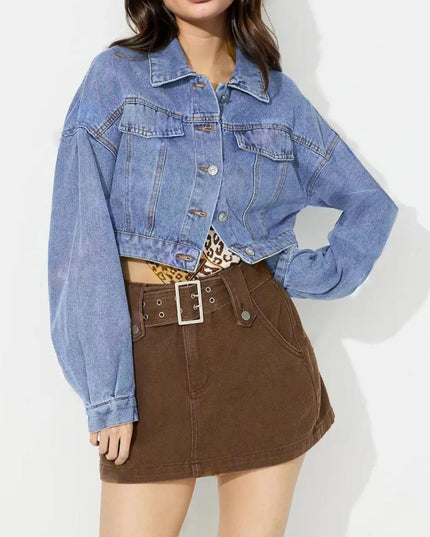 Collared Neck Dropped Shoulder Cropped Denim Top - ShopEasier