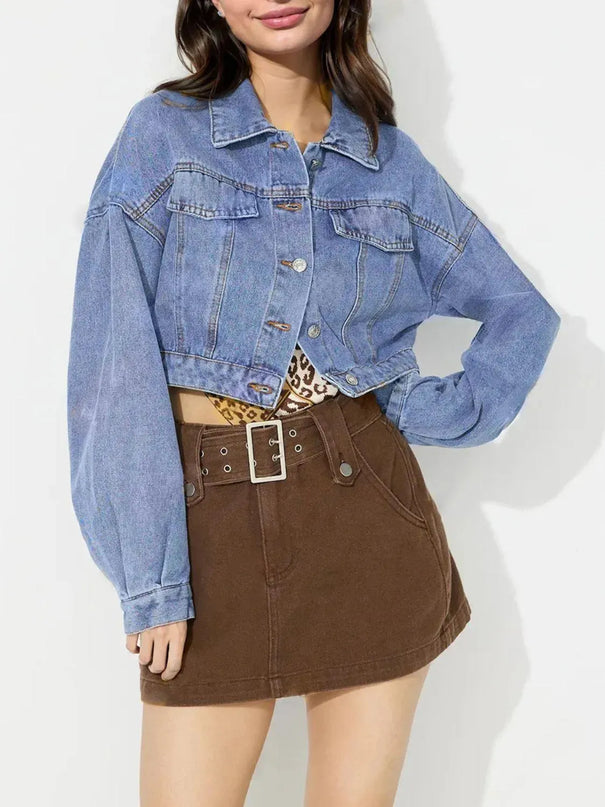 Collared Neck Dropped Shoulder Cropped Denim Top - ShopEasier