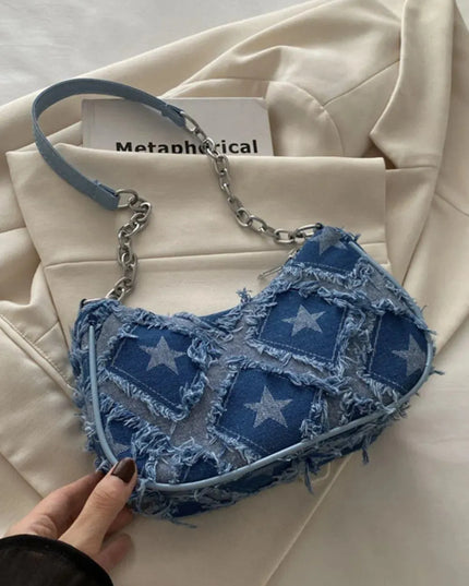 Bolso de hombro con estampado de estrellas y flecos