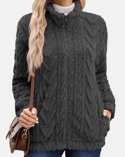 Fuzzy Zip Up Long Sleeve Jacket - ShopEasier