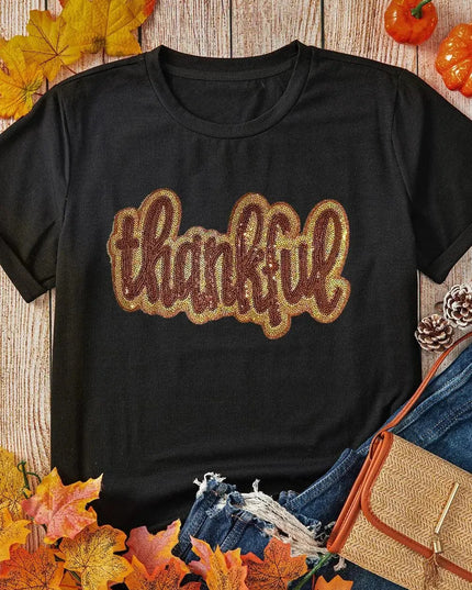 Glitzy Gratitude Sequin Round Neck Short Sleeve Tee