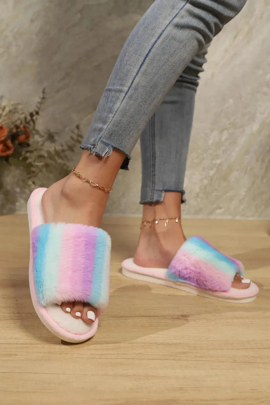 Faux Fur Color Block Open Toe PVC Slides